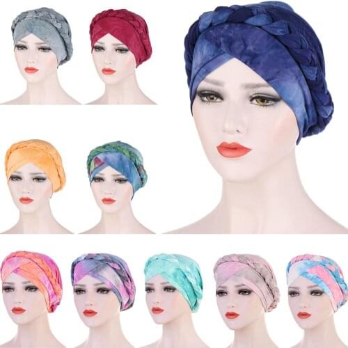 Tie Dye Print Hijab Turban Cap Muslim Women Chemo Hat Braid Headscarf Beanie Bonnet Islamic Headwear Wrap Hair Loss Cover Caps