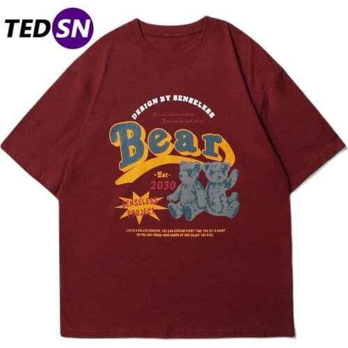 2021 Hip Hop T-Shirt Men Vintage Dark Bear Print Cotton Streetwear Pure Cotton Casual Top T-Shirt Harajuku Clothing Black