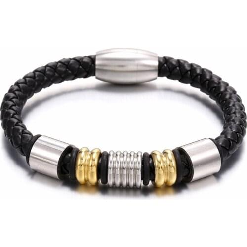 Man Hand Chain Punk Stainless Steel Charm Bracelet Wrist Band Black PU Leather Men Accessories Goth Vintage Mens Bracelets