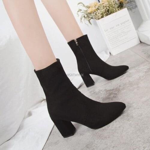 2022 New Short Boots Womens Shoes Autumn and Winter Thick-heeled Elastic Womens High-heel Pointed Toe Mar Boots Women