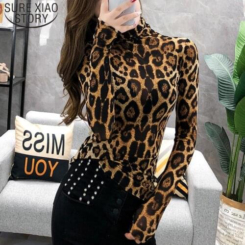 New Plus Size Tops Fashion Women Long Sleeve Leopard Shirt Turtleneck Shirt Lady OL Party Tops Streetwear Blusas Elegante Chic