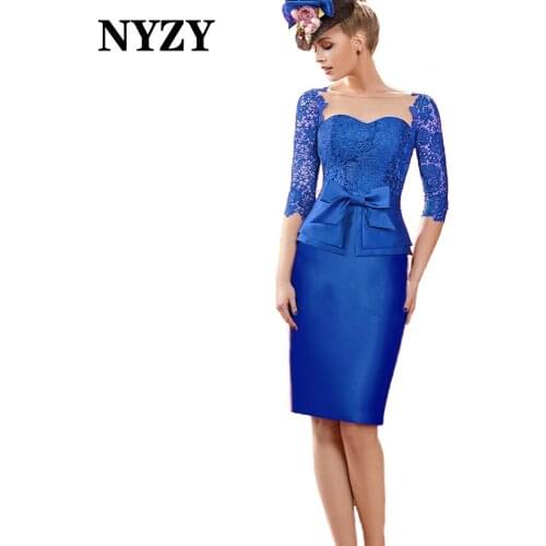 NYZY M361B Elegant 3/4 Sleeves Blue Mother of the Bride Lace Dresses 2021 Short Wedding Party Dress Vestidos de Madrina