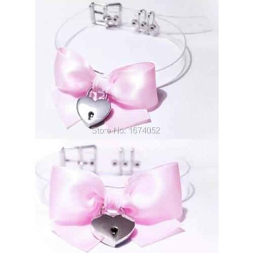 Harajuku Cosplay Kawaii Lolita Big Bow BowKnot Choker Clear Transparent Vinyl Collar Padlock Lockable Key Necklace