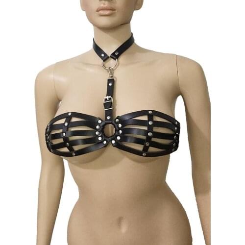 Sexy Women Gothic Faux Leather Cage Bra Crop Top Chest Harness Belt Body Bondage Top with Collar Fetish Costume