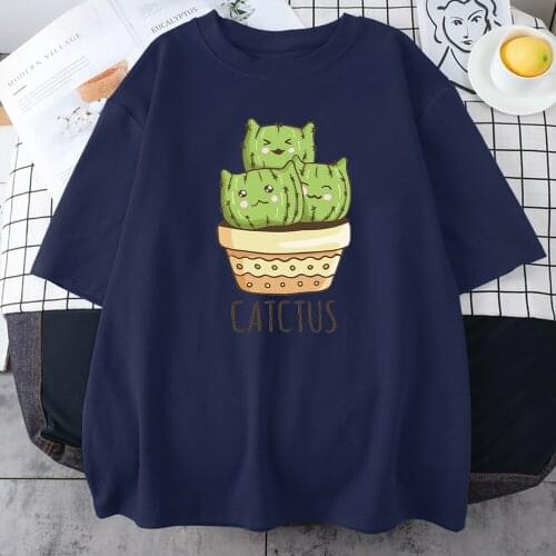 Cute Chubby Cactus Print Women T-Shirts Creativity All-Match Short Sleeved Loose O-Neck Clothing Fitted Crewneck Tshirts Female