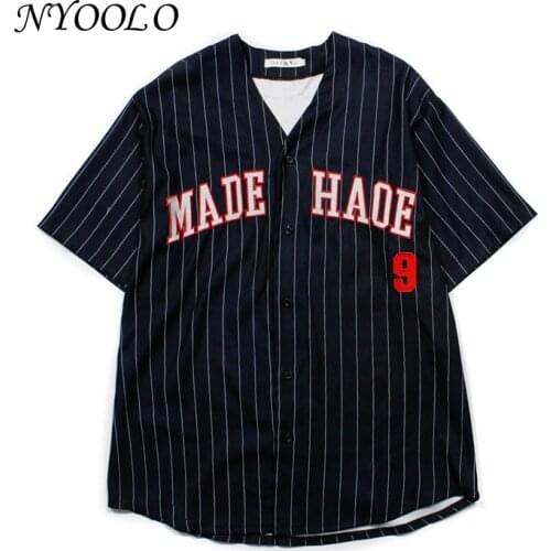 NYOOLO American Streetwear Letters Embroidery Striped Short Sleeve V-Neck Shirt Women Men Cloth Summer Hip Hop Baseball Uniform