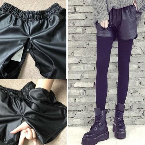 Outdoor Sex Shorts Pants Clothes Women High Waist PU Faux Leather Shorts Trousers Hidden Zipper Open Croch Exotic Costume Female