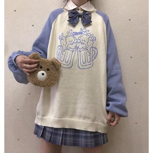 Cheers Rabbit Winter Womens Knittd Sweater Warm O-neck Long Sleeve Pullovers Macaron Color Hoodies Sweet Cute