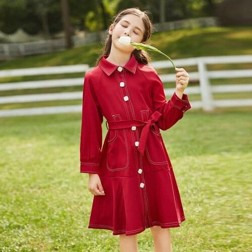 Girls autumn new windbreaker Korean childrens mid-length coat long-sleeved casual belt childrens clothing women