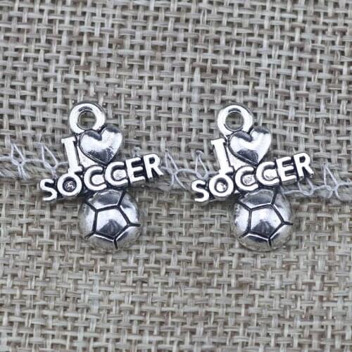 High Quality 50 Pieces/Lot 16mm*20mm Antique Silver Plated Sport Charm I Love Soccrer Soccer Charms