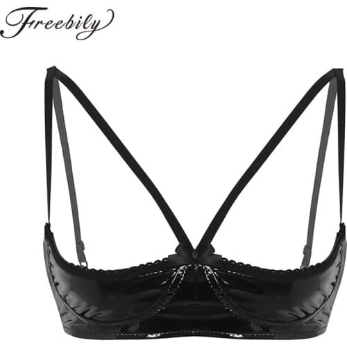 Womens Faux Leather Exotic Lingerie Nightwear Open Bras Sheer Sexy Tanks Vest Tops Wire-free Unlined Bra for Night Party Bras