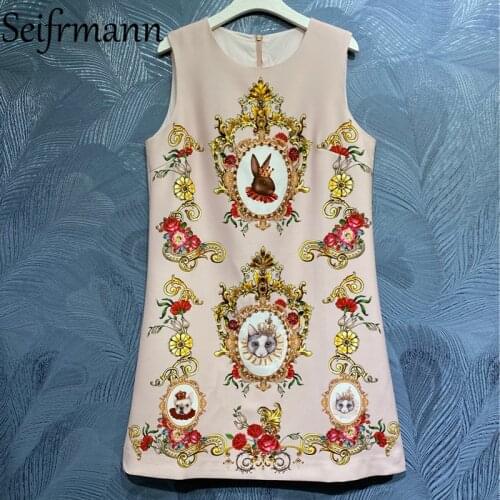 Seifrmann New 2021 Summer Women Fashion Runway Party A-Line Dress Gorgeous Crystal Beading Sleeveless Vintage Print Mini Dresses