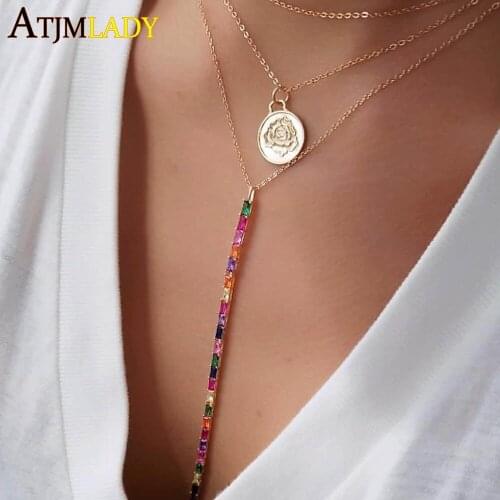 2020 Trendy Fashon Gold Color Rainbow Colorful Baguette Cubic Zirconia Long Drop CZ Y Shape Women Multi Layer Choker Necklace