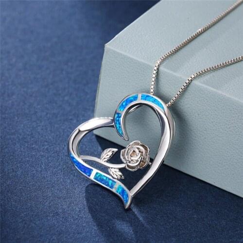 Cute Heart Design Rose Flower Pendant Necklaces For Women Wedding Jewelry 925 Silver White/Blue/Pink/Purple/Orange Opal Necklace