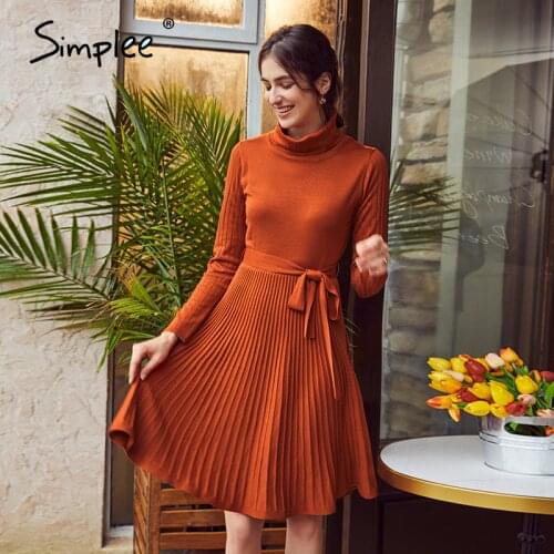 Simplee Casual turtleneck women knitted dress Autumn winter long sleeve belt female dress Office lady stitching sweater dress