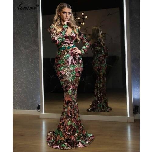 Haute Couture Sequins Evening Dresses 2020 Mermaid Long Sleeves Formal Prom Dresses Woman Party Night Arabic Robe De Soiree