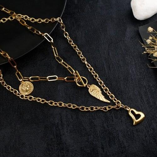 Womens Vintage Multilayer Coin Chain Necklace Portrait Love Angel Wing Necklace Layered Necklace Stainless Steel Jewelry Gift