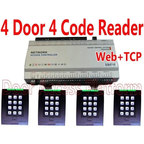 4 Door Network+TCP/IP Web IP Access Controller Panel Panel+4 pcs Keypad Code+EM Card Readers+RFID Card/Keytag Keyfobs PCsoftware