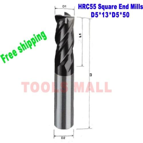 Free Shipping-5pcs 5mm Carbide Square End mills HRC55 4Flutes TiALN coated Milling cutters CNC Spiral Router bits CNC tools