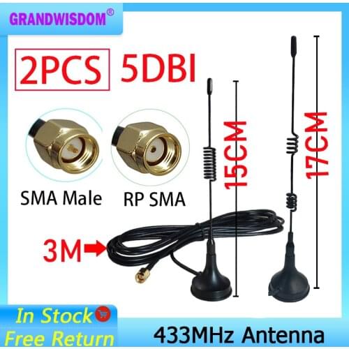 2pcs 5dbi 433Mhz Antenna 433 MHz antena GSM SMA Male Connector with Magnetic base for Ham Radio Signal Booster Wireless Repeater