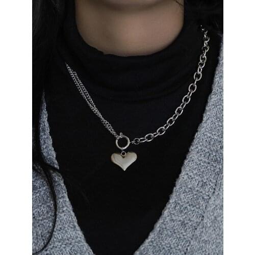 Metal Silver Color Heart Pendant Splicing Chain Around the Neck for Women Punk Teen Gift Set Couple Fashion Jewelry Accessories