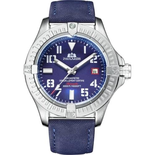 Automatic Self Wind Mechanical Black Bird Canvas Style Genuine Black Blue Leather Dial Date Luminous Luxury Men Watch