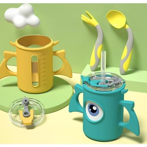 Child Glass Cup with Straw and Lid -Glass Measuring Cup Milk Tumbler Drinking Water Travel Mug With Protective Cover for Kids