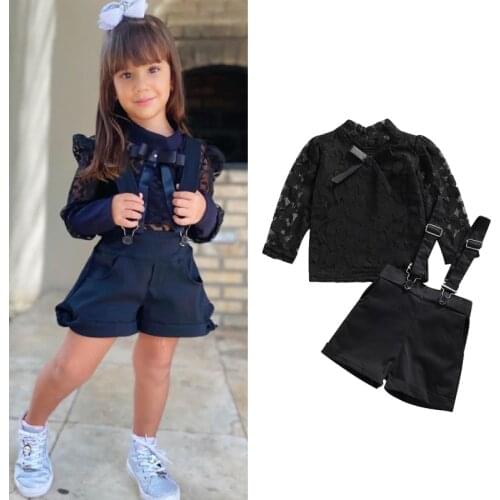 FOCUSNORM 0-5Y Fashion Toddler Kids Girls Clothes Sets 2pcs Lace Floral Printed Long Sleeve Bow Collar Tops Overalls Shorts