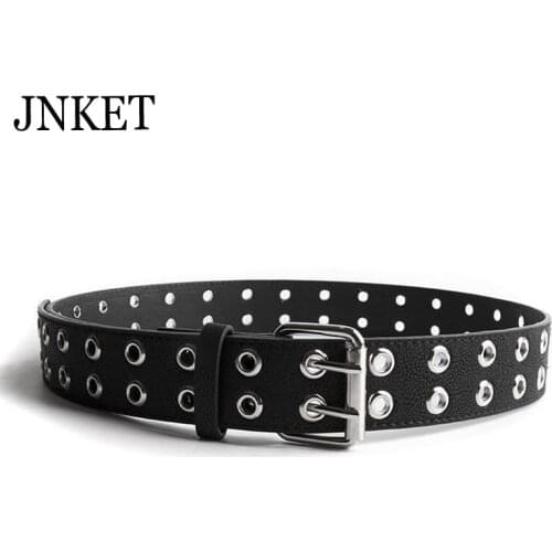 JNKET Punk Double Pin Buckle Mens Belt Grommet Rivets Waist Belt PU Leather Waist Strap Fashion Casual Jeans Rock Belt