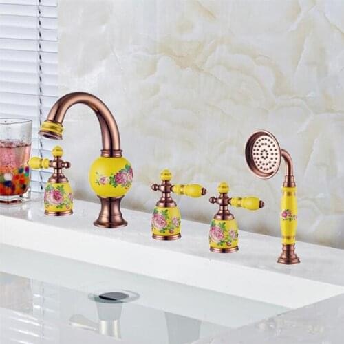New arrival high quality total brass Golden classic 5pcs Deck-Mounted bathroom bathtub faucet set Tub Filler Faucet Mixer Taps