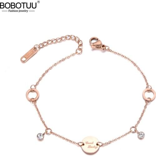 BOBOTUU Trendy Titanium Stainless Steel CZ Crystal & Tag Charm Bracelets For Women Bohemia Chain & Link Bracelet Jewelry BB19074