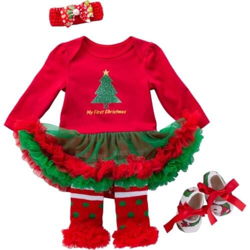 4Pcs Baby Girls My 1st Christmas Outfits Bebe Red Tree Snowflake Santa Claus Pattern Cosplay Costume Dresses for Toddler 9M 12M
