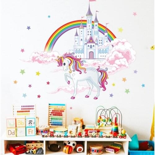 Unicorn Cartoon Wallpaper Cloud Castle Wall Sticker Rainbow Stickers Home Room Decoration Wall Decoration For Kids Bedroom