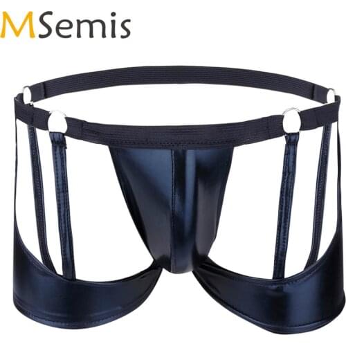 Mens Sissy Strappy Open Butt Crotchless Panties Hot Nightwear Patent Leather Hollow Out Boxers Briefs Gay Bikini Pouch Underwear