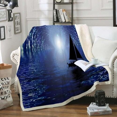 Galaxy Blanket Blue Aurora Throw Blanket Soft Sherpa Fleece Blanket Starry Sky Sailboat Plush Bed Blanket for Bedroom Sofa