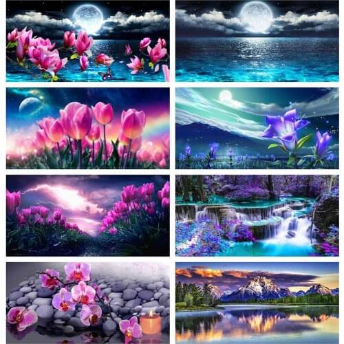 Huacan Diamond Mosaic Embroidery Kits Cross Stitch Orchid 5D Diamond Painting Waterfall Moon Needlework Bedroom Decoration