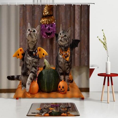 Halloween Shower Curtains Set Pet cat Bath Mats Entrance Door Mat Kitchen Room Decoration Bathroom Screen Rugs Non-Slip Carpet