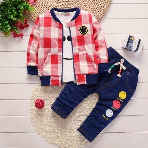 New Fashion Spring Fall Winter Cotton Warm Baby Boy Clothes 3 Pieces Plaid Zipper Long Sleeve Coat+smiley Tops+denim Pants 0-24M