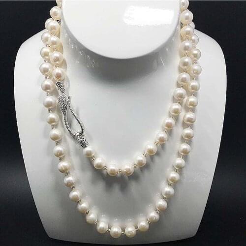 Free shipping 85cm 8-9mm white Pearl CZ Necklace leaf Pendant 925 silver micro inlay zircon clasp accessory jewelry