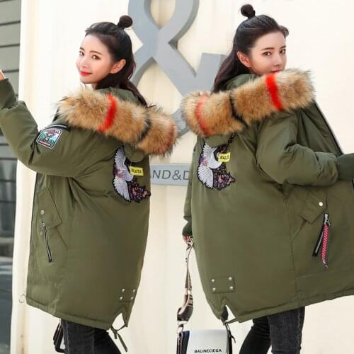 Korean Style Loose Parkas Women Midi Down Cotton Thicken Winter Warm Coat Fur Collar Hooded Embroidery Plus Size Female Jacket