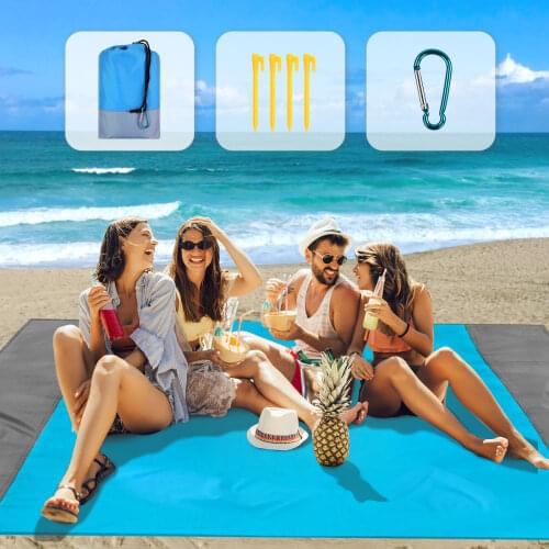 Beach Blanket, Sandproof Beach Mat for 2-6 Adults, Waterproof Pocket Picnic Blanket with 4 Stakes, Outdoor Blanket