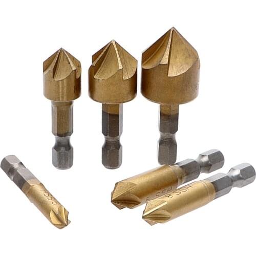 Durable Chamfer Countersink Drill Bit 5 Flute HSS 6mm-19mm 6PCS 90 Degree Useful Wood Chamfering Cutter Chamfer
