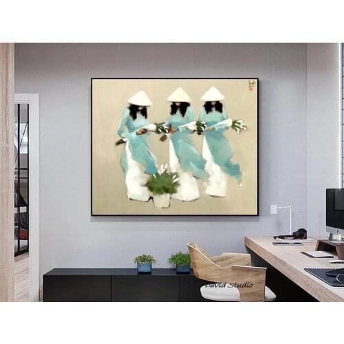 Hand Pained Oil Painting POP ART Vietnamese Female College Students for Living Room Wall Decoration Modern Art Figure Painting