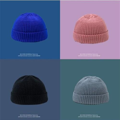 Men Knitted Hat Beanie Solid Color Cap Retro Ribbed Cuffed Short Melon Hat Skullies Beanies Casual Winter Hat Skullcap