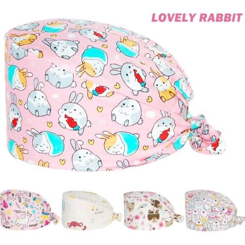 Surgicals Caps 100% Cotton Rabbit Printing Adjustable Nursing Hats Lab Beauty Salon Pet Shop Working Accessories Nurse Scrub Cap
