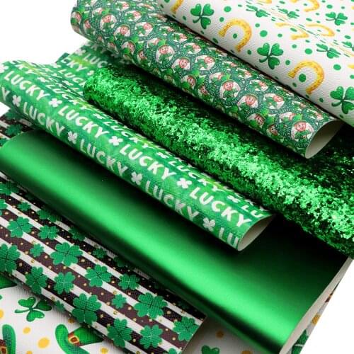 St Patricks Theme Faux Leather Fabric Sheet Green Color Synthetic Leather Sheet 7Pcs Assorted 7.7" x 12.9" (20 cm x 33 cm)