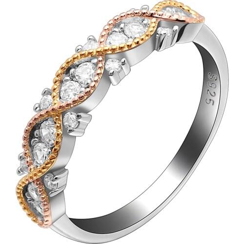 UFOORO S925 Sterling Silver Female Ring Fahion White Zircon Gold And Rose Gold Line Wrapped Elegant Jewelry Gift For Women