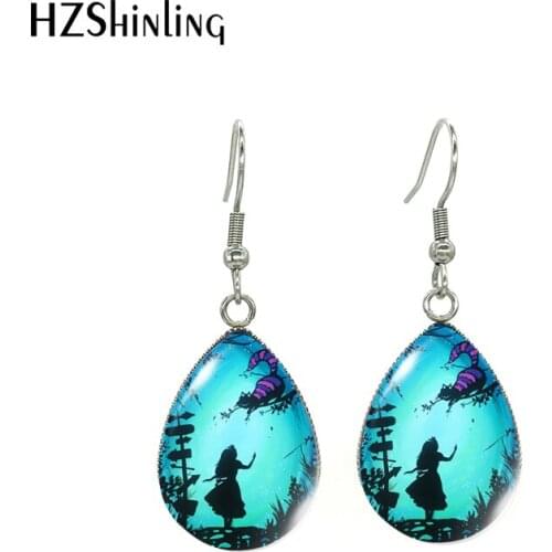 2021 New Arrival Alice in Wonderland Cats Cartoon Pattern Water Drop Dangle Hoop Earrings Glass Cabochon Pendants Ear Jewelry
