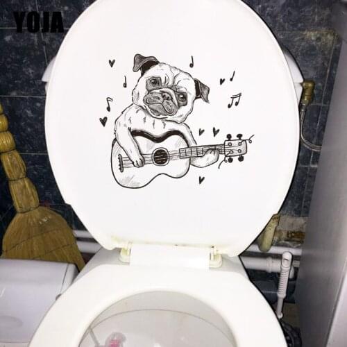 YOJA 23.5×20.6CM Fun Pug Playing Guitar Home Wall Decor Accessories Personality Bathroom Toilet Stickers T1-3004