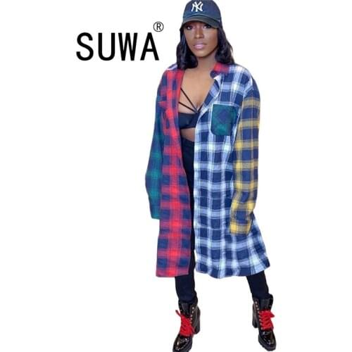 Checkered Plaid Patchwork Long Maxi Outwear Women Fashion Turn Down Collar Long Sleeve Coat Streetwear Autumn Pockets Jackets